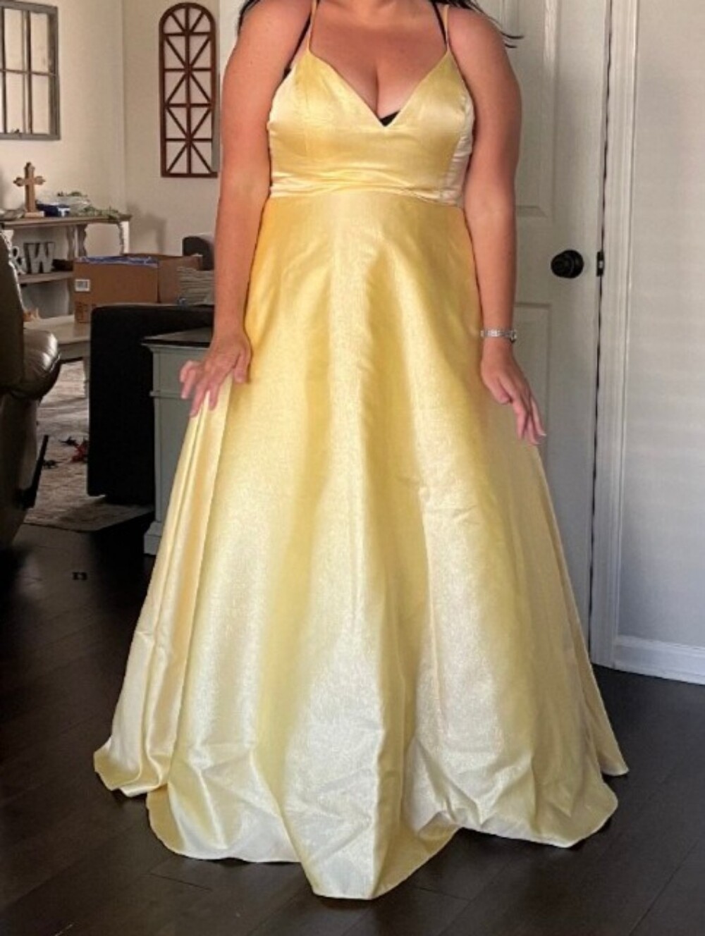 Yellow Satin A-Line Evening Gown By Mon Cheri, Never Worn, Includes Garment Bag.